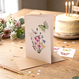 Floral butterfly greeting card with bouquet illustration and matching kraft envelope