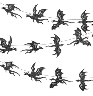 Black glitter dragon banner set with multiple flying dragon silhouettes on white