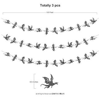 Black glitter dragon banner set with length and width measurement diagram