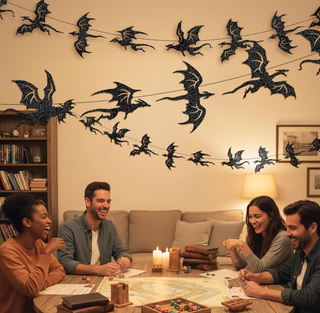 Black glitter dragon wall banner across beige living room wall above sofa