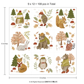 Temporary forest animal tattoo sheet set, 9 designs, 12 sheets, 108 pcs in total, pine, owl, fox designs