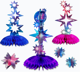 Holographic star centerpiece with blue and purple foil topper and pleated tulle skirt