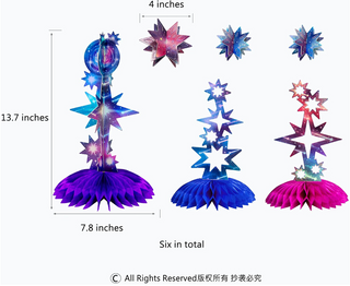Holographic centerpiece set, six designs shown with height and width measurements