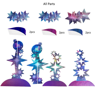 Holographic star centerpiece parts set: star toppers, circular bases, and pleated skirts
