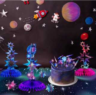 Holographic star centerpiece toppers with blue and purple foil stars and tulle skirts