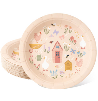 Beige woodland party paper plate with farm animals, flowers, and small house pattern