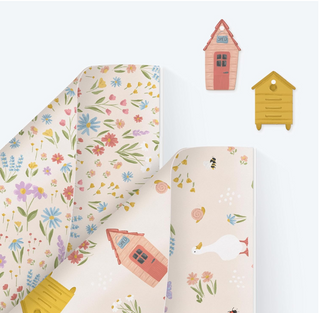 Garden party wrapping paper sheet with animals, critters and small house icons