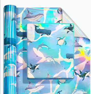 Iridescent sea creature gift wrap roll, holographic foil with dolphins, narwhale, orca, turtle and whales
