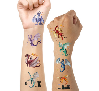 Temporary dragon tattoos on forearms, geometric polygon designs in blue, purple, green