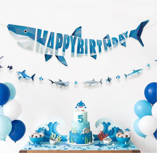 Happy Birthday shark geometric banner with blue cutout sharks and banner letters
