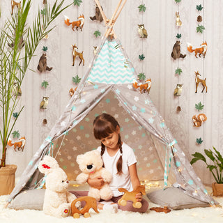 Woodland animal garland decorating a kids play tent with hanging animal and leaf charms