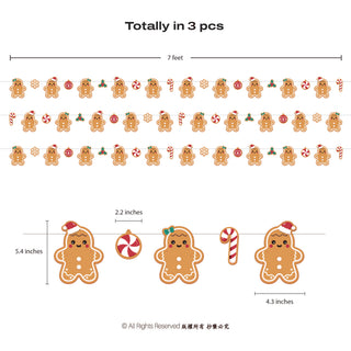 Gingerbread Christmas banner length and size diagram with gingerbread man icons