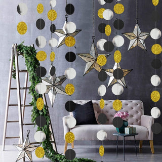 Graduation circle dots garland with black, white, and gold glitter hanging disks