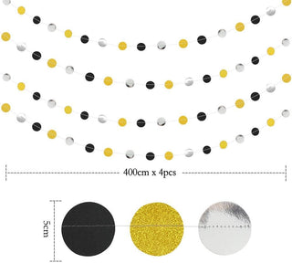 Graduation circle dots garland 400cm x 4pcs; black, gold glitter, white disk strands