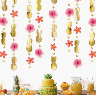 Gold pineapple-leaf garland with pink flowers and coral star ornaments