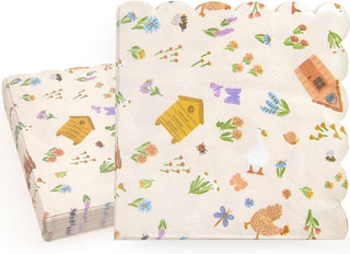 Decorative paper napkins, folded stack, white with colorful garden animals and flowers.