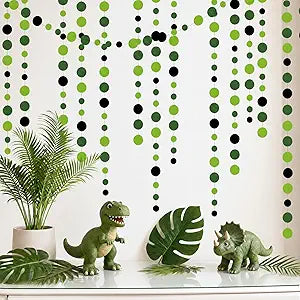 Green and black circular dot garland strands hanging from ceiling, pack of 4.