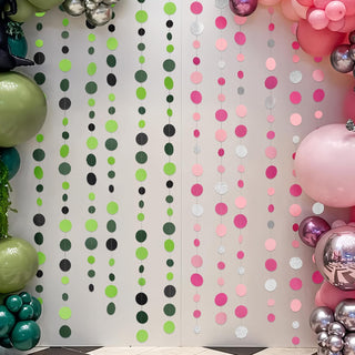 Polka-dot hanging garland set with green, pink, and silver bead-like circles