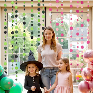 Polka-dot ceiling garland strands in green, pink, and silver with hanging loops