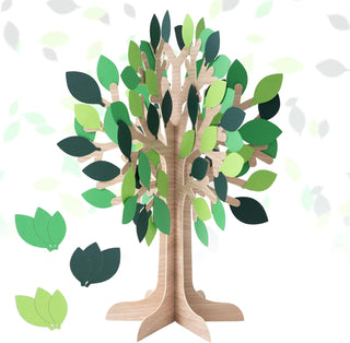 Wooden table centerpiece tree with green paper leaves on a standing base