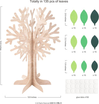 Tree centerpiece assembly diagram with wooden trunk and green leaf pieces