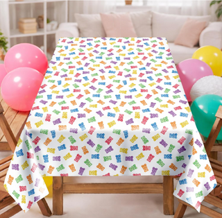 Candyland gummy candy theme tablecloth set with multicolor gummy bear pattern