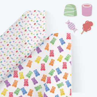 Candy-themed gift wrap sheets with colorful gummy bear and candy pattern