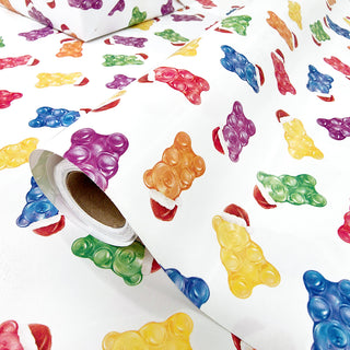 Candy bear printed gift wrap roll, close-up with multicolor gummy bear shapes