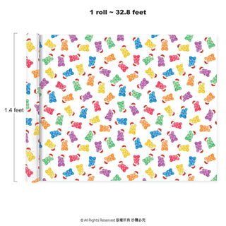 Candy bear gift wrap sheet with multicolor gummy bear pattern, roll size shown