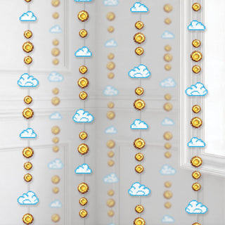 Pixel garland strands with blue cloud icons and gold coin charms hanging in rows