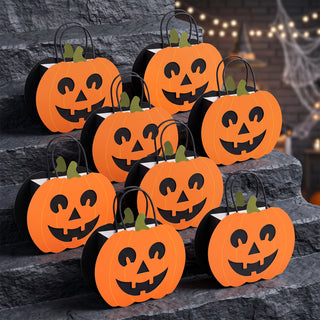 Orange pumpkin-shaped treat bags (8-pack), black jack-o’-lantern faces