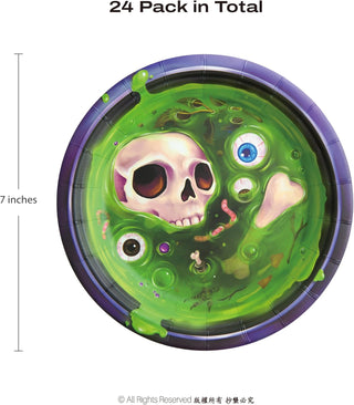 Round Halloween party plate with green skull face design, purple border, 7 inches