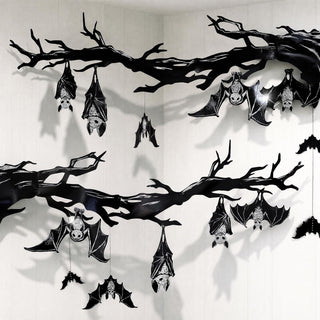 Black bat hanging banner with twig-like string and dangling bat cutouts