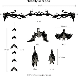 Set of 3 black bat hanging banner pieces with twig branch and dangling bats