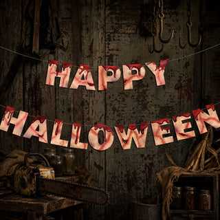 Happy Halloween bunting banner with red-and-pink stitched letters on cloth flags