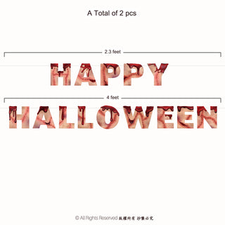 Happy Halloween banner set with two pieces, red-and-pink stitched letter flags