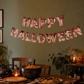Happy Halloween hanging banner with red-and-pink stitched letter flags
