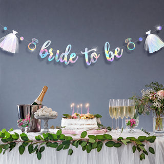 bride shower decorations bridal party backdrop engagement celebration hen night she said yes decor wedding proposal hanging sign bachelorette backdrop bride banner tulle dress ring holographic glitter photo booth decor bridal brunch rehearsal dinner