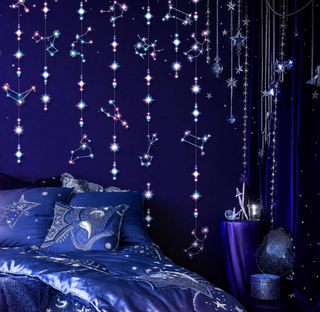 Hanging constellation party decorations with light-up star clusters in blue and purple