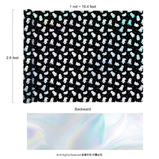 Halloween ghost gift wrap pattern sheet with dimensions and black, iridescent print