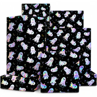 Set of gift boxes wrapped in black Halloween ghost paper with iridescent holographic foil