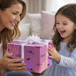 Pink iridescent gift wrap with princess crown and wand pattern on wrapped present