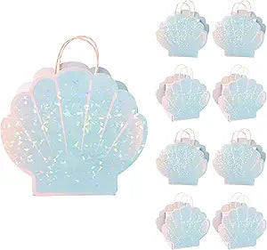 Set of 8 iridescent shell-shaped gift bags with pink handles, pastel blue