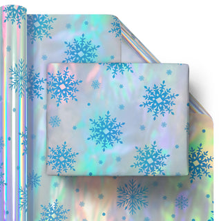 Iridescent gift wrap roll with blue snowflake pattern, shiny holographic finish
