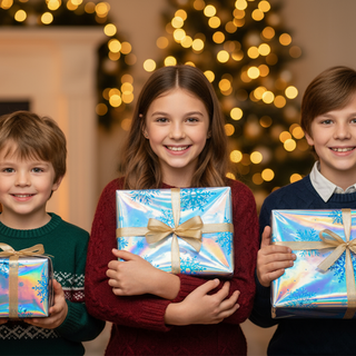Iridescent blue snowflake gift boxes held by children, each with gold bow