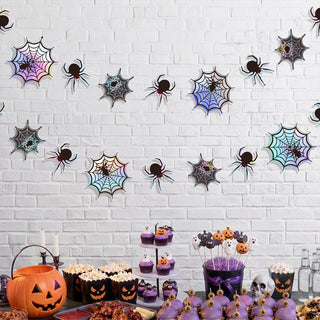 Iridescent Spiderweb Garland Halloween Decorations Holographic Spider Web Banner for Haunted House Spooky Birthday Party Horror Theme Gothic Home Decor