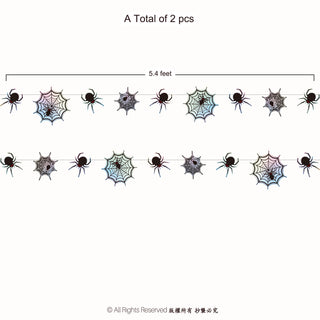 Iridescent spiderweb garland with holographic spider webs and black spiders for Halloween party decorations