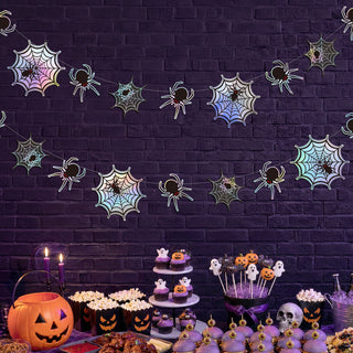 Iridescent spiderweb banner with holographic spider webs for Halloween classroom, office and home decorations Spooky iridescent spiderweb garland with black spider decorations for Summerween, Halloween and haunted house parties