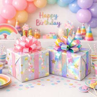 Iridescent star gift wrap boxes with gold star pattern and holographic rainbow finish
