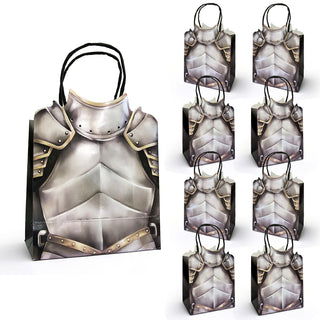 Knight armor party favor bag with silver armor print, brown trim, and black handles